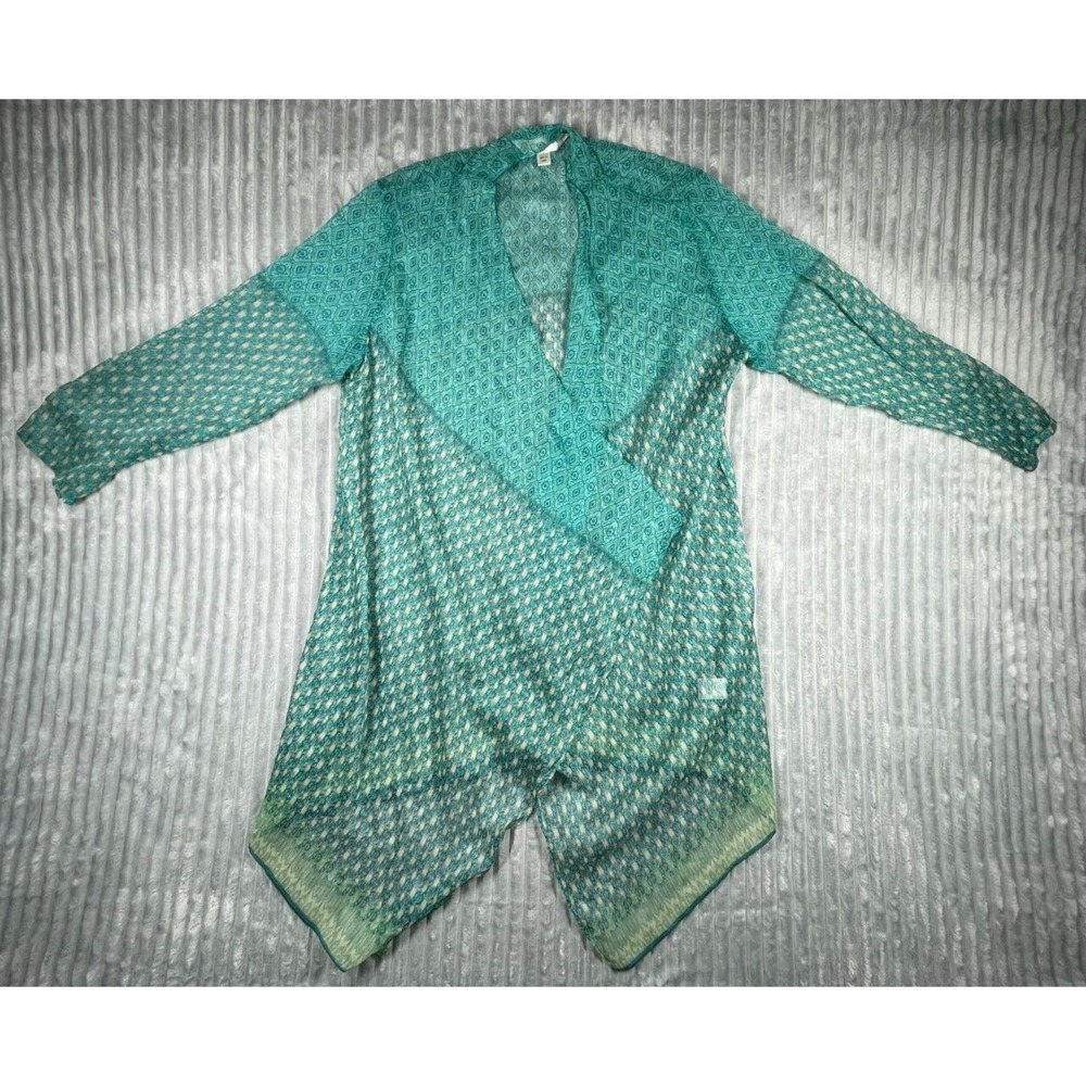 Krazy Kat Women's L Open Front Sheer Cardigan Top Teal Bohemian Print Fairy